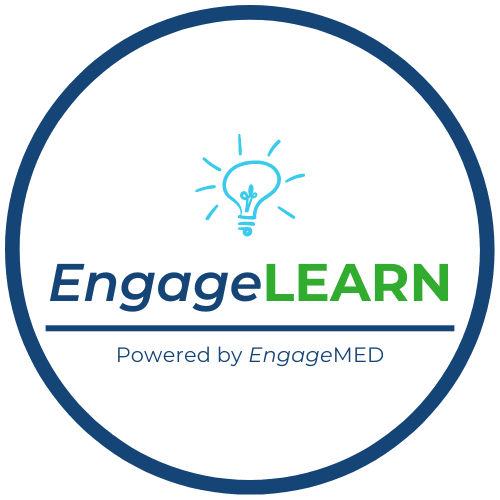 A circular logo with a light bulb icon above the words EngageLEARN and Powered by EngageMED