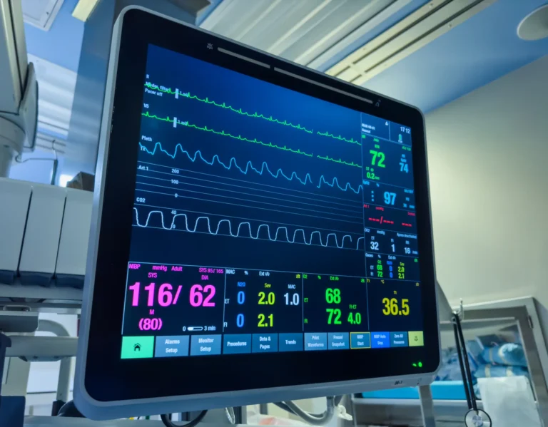 A hospital monitor displays a patient’s vital signs, including heart rate, blood pressure, oxygen saturation, and respiratory rate, in a clinical setting.