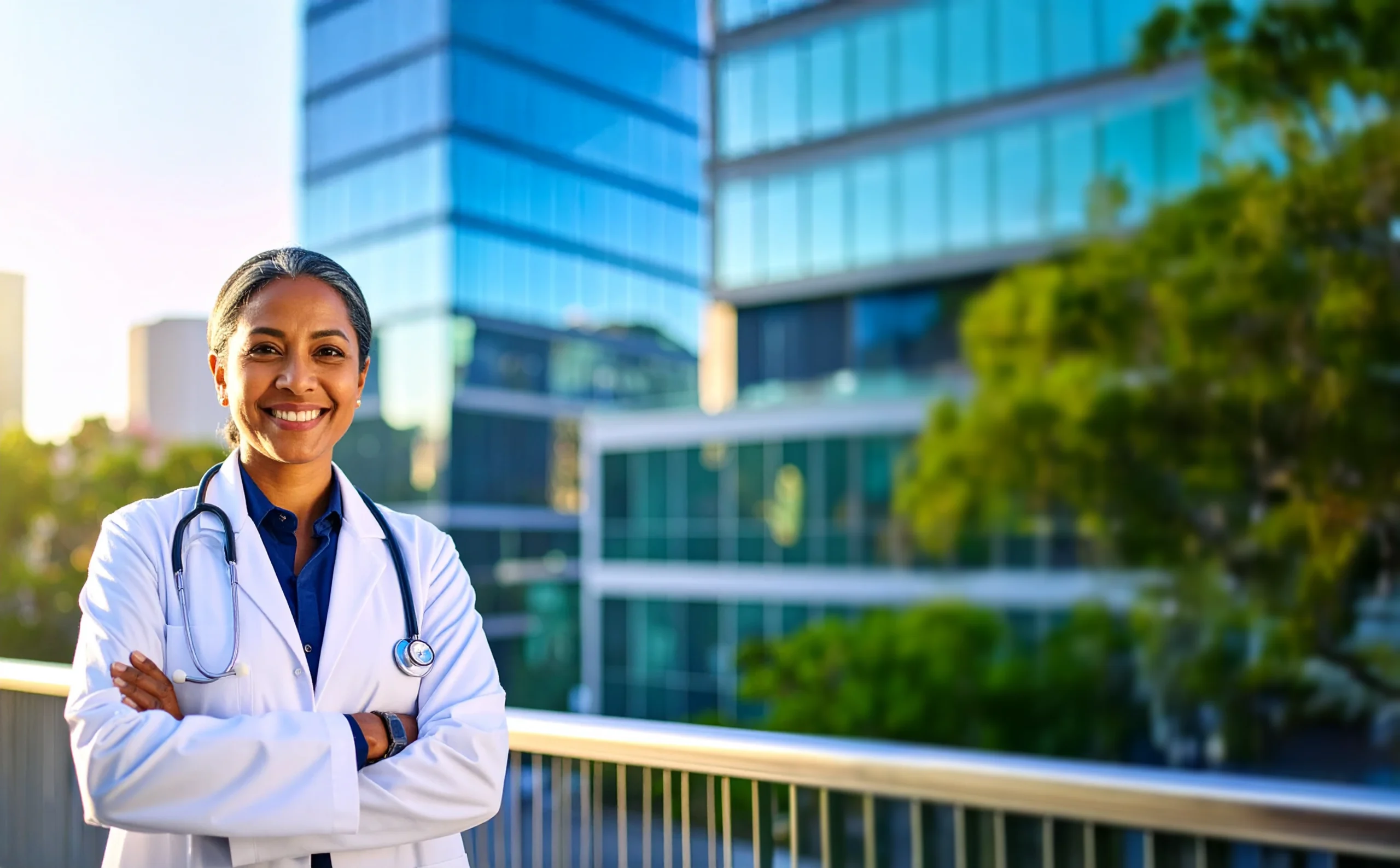 A smiling doctor in a lab coat stands outside with her arms crossed, in front of modern glass buildings.