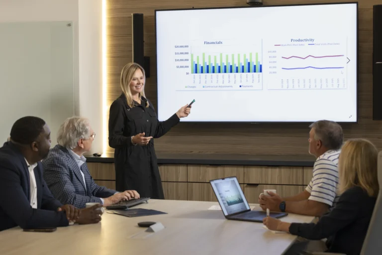 A woman presents financial and productivity charts on a large screen to four colleagues seated at a conference table with laptops and notebooks.